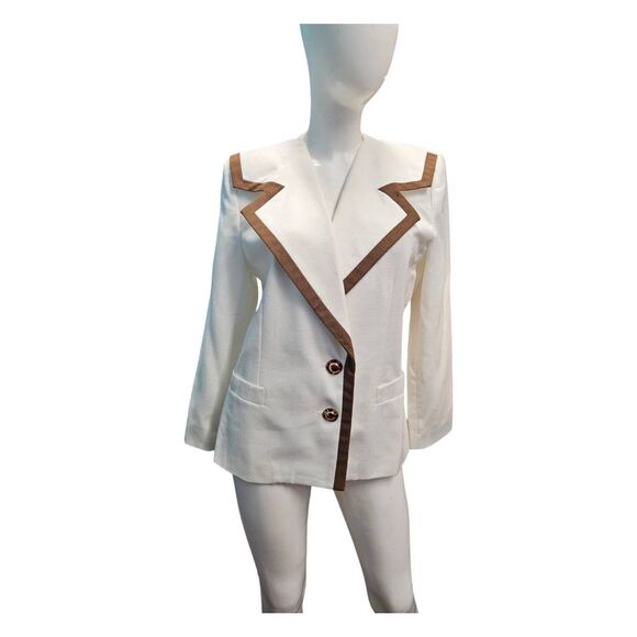 Le Suit Jackets & Blazers - Le Suit Vintage 80's Suit Jacket Blazer Womens Size Large Off White Brown Trim